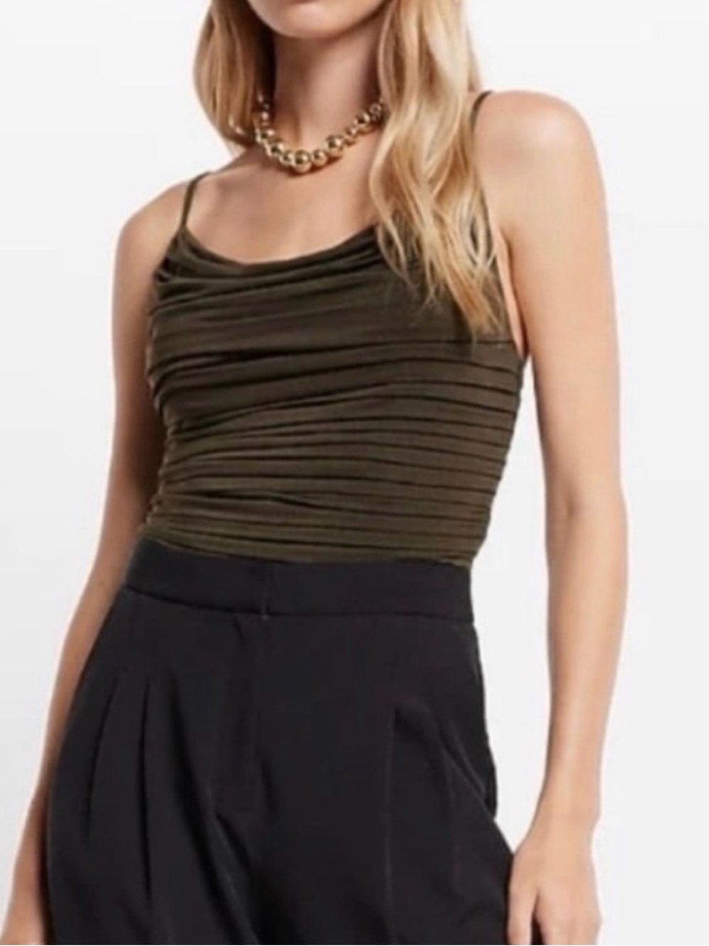 Express Ruched Spaghetti Strap Camisole - Army Green